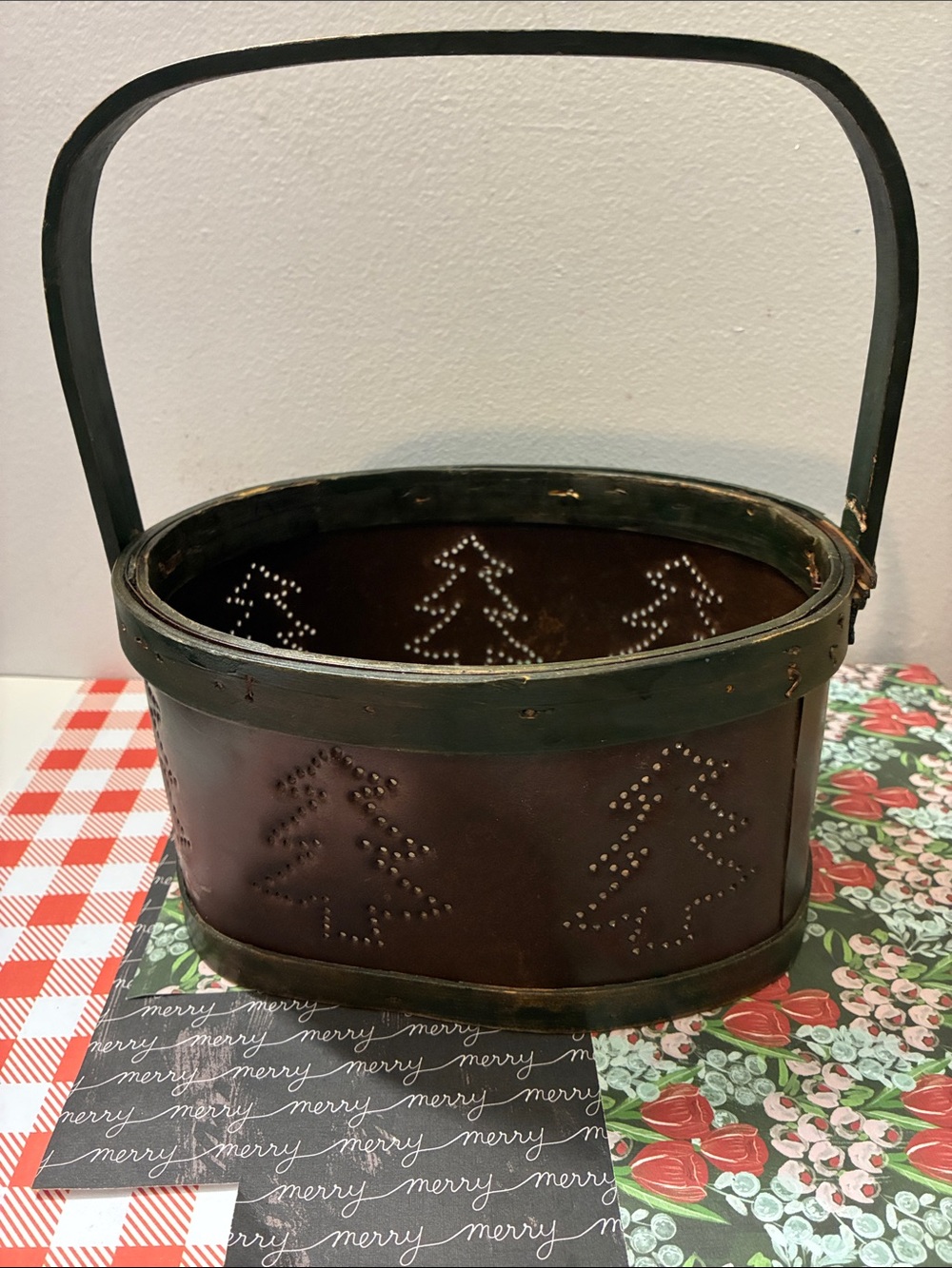Rustic Metal Basket with Wood Trim - Trees Punched